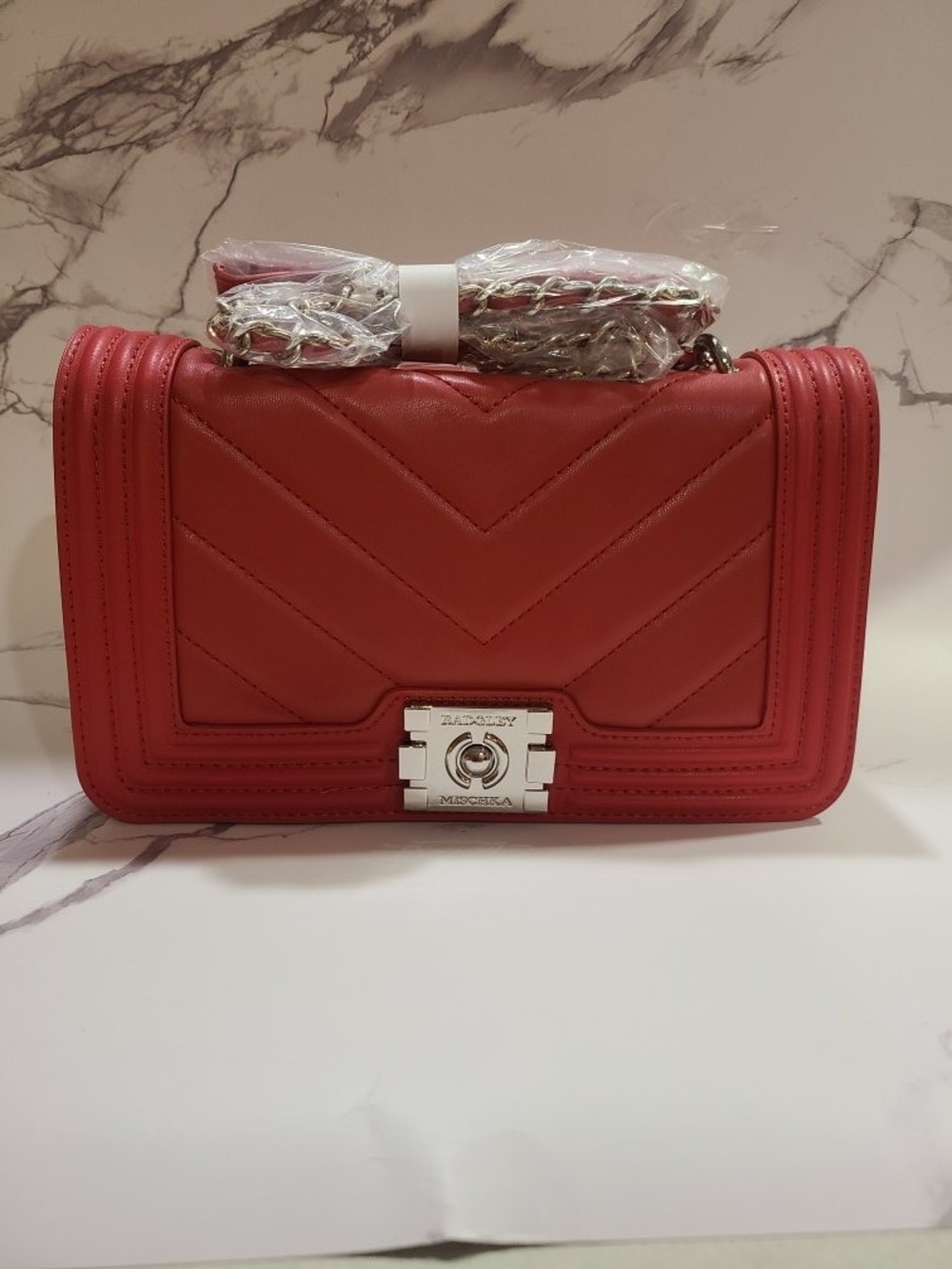 Badgley Mischka Red Quilted Shoulder Bag with Silver Hardware